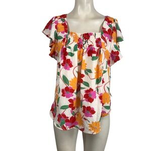 Draper James Womens Small Floral Flutter Sleeve Smocked Square Neck Blouse NWT